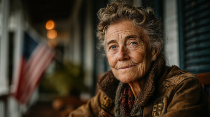 Veteran portrait of a mature woman with wrinkles and curly hair smiling softly