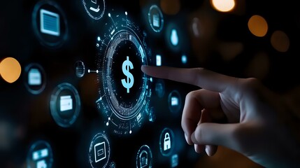 Digital finance concept with finger pointing at glowing dollar symbol surrounded by technology icons and security elements on dark background with bokeh effect.