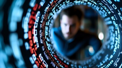Futuristic circular interface with digital data and code elements in blue and red tones creating technological tunnel effect, cybersecurity concept.