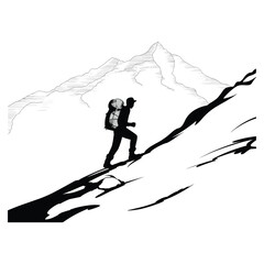 Silhouette of a hiker with a globe backpack climbing a steep mountain slope