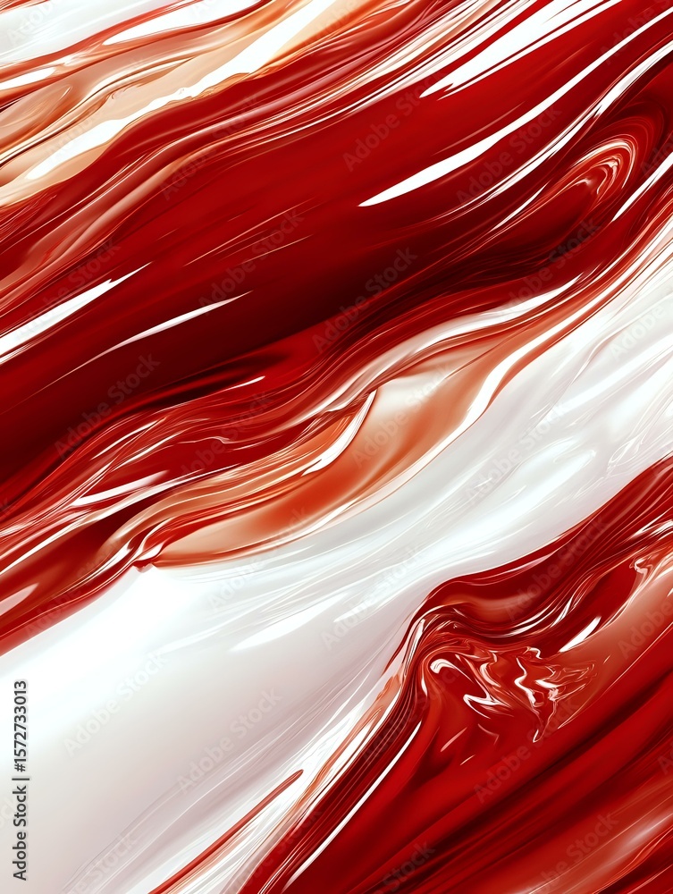 Poster abstract flowing red and white waves create dynamic marble-like pattern with smooth liquid texture a