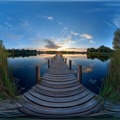 Fototapeta premium A wooden dock extends serenely across the placid lake, offering an awe-inspiring perspective of the radiant sky, clouds, and tranquil water, evoking a sense of peace and a connection to nature.