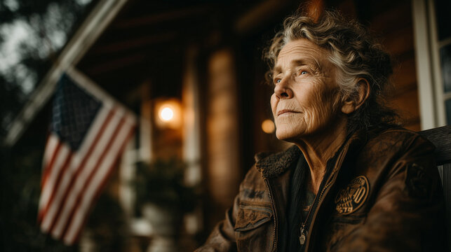 Veteran portrait of older woman looking up with american flag on porch home usa