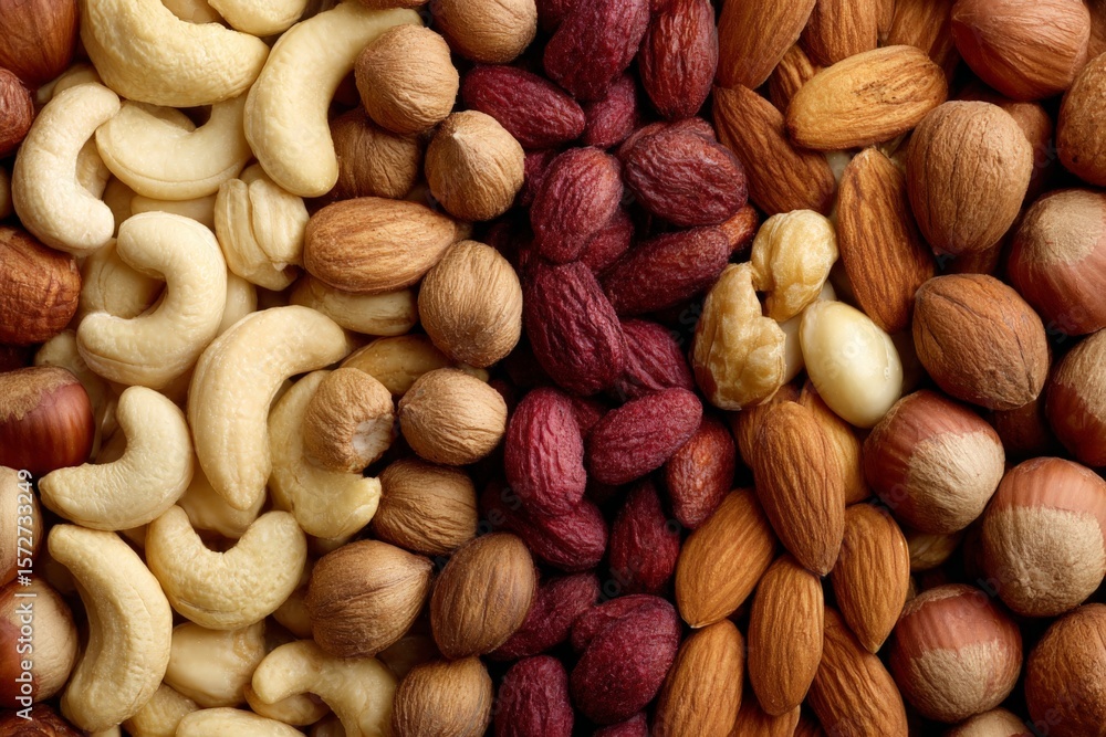 Poster diverse assortment of nuts arranged in a visually appealing pattern with rich textures and colors