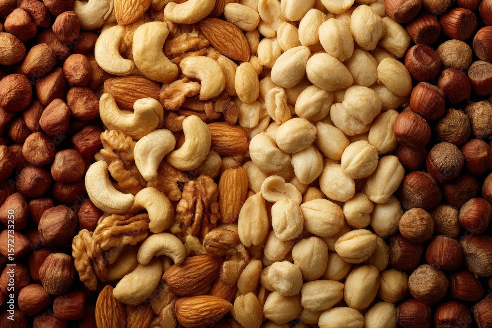 Poster variety of nuts and seeds arranged in a visually appealing display on a wooden surface