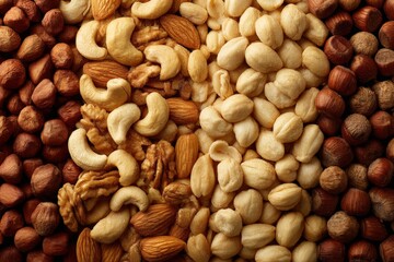Obraz premium Variety of nuts and seeds arranged in a visually appealing display on a wooden surface