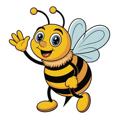 Friendly cartoon bee waving hello with a big smile and blue wings