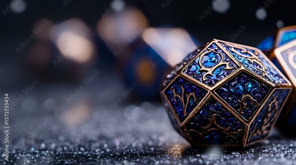Poster ornate bronze and blue metallic gaming dice with intricate floral patterns on dark textured surface 