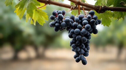 Fresh ripe purple grapes hanging on vine with green leaves in vineyard, selective focus on fruit cluster against blurred background. Perfect for wine industry.