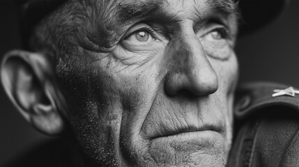 Obraz premium Veteran portrait of an old man in black and white photography close up view