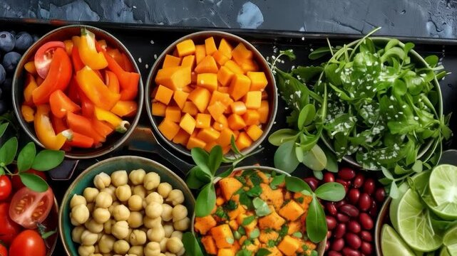 Animation of a variety of fresh fruits and vegetables in bowls. A great choice for cooking shows, healthy eating commercials and educational programs about proper nutrition.
