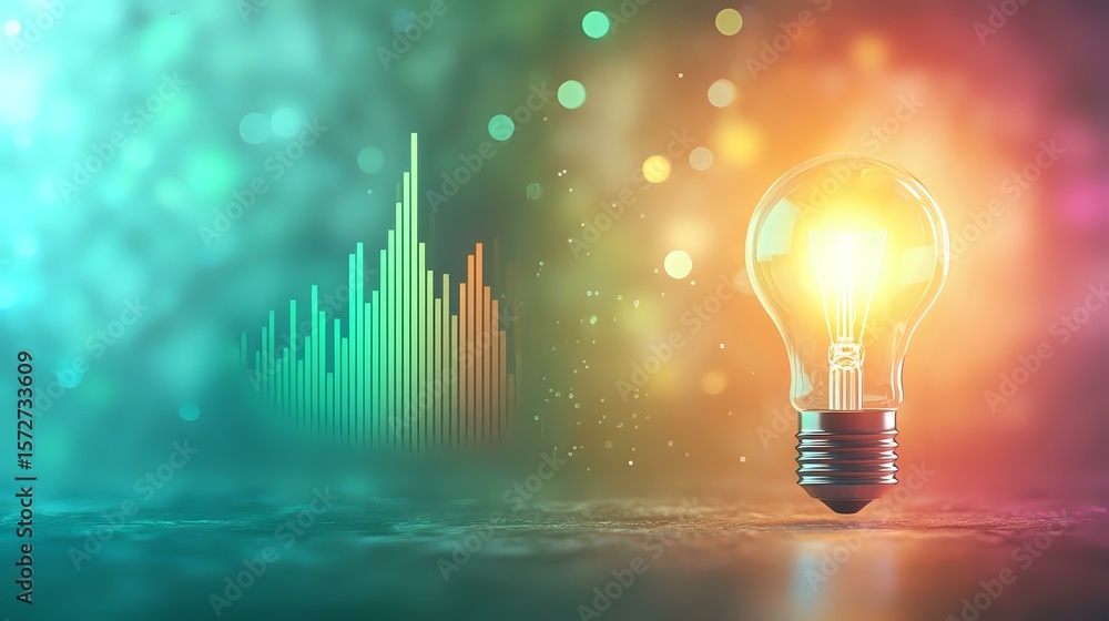 Poster glowing light bulb with digital graph bars on vibrant turquoise and orange background with bokeh eff