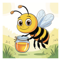 Cute cartoon bee holding a jar of golden honey in a sunny meadow