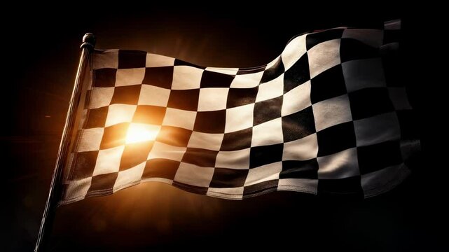 Dynamic checkered flag waving against a dramatic sunset, symbolizing victory and achievement. The warm glow highlights the classic black and white pattern, evoking excitement and competition