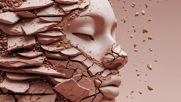 Crumbling clay face sculpture abstract art fragmented portrait neutral background