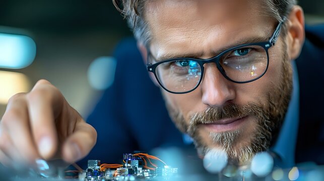 Caucasian male professional in glasses examining electronic circuit board components with focused expression, modern office environment with bokeh lighting effects.