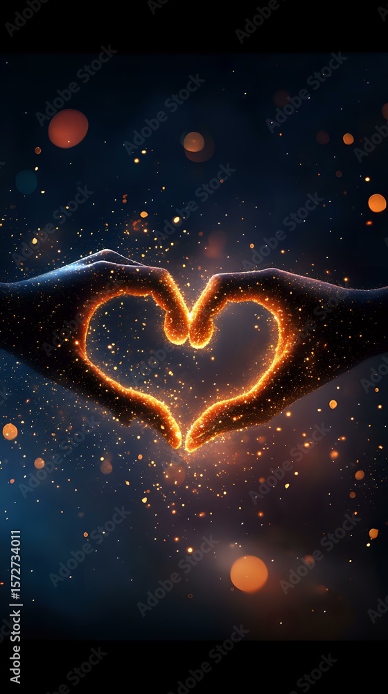 Poster glowing heart shape formed by hands against dark background with magical sparkles and bokeh lights, 