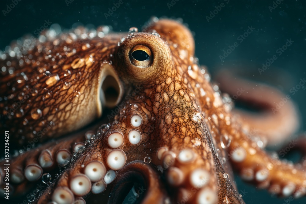 Poster close-up view of an octopus displaying intricate textures and colors in a serene underwater environm