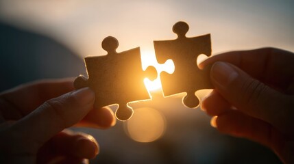 Two hands hold puzzle pieces against glowing sunset. Symbol of connection, harmony. Fitting together life. Teamwork, relationships, problem-solving. Team work concept. Sun light sky.