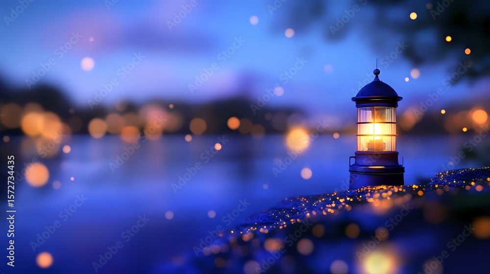 Aufkleber glowing lighthouse beacon illuminates twilight harbor scene with magical bokeh lights and reflection