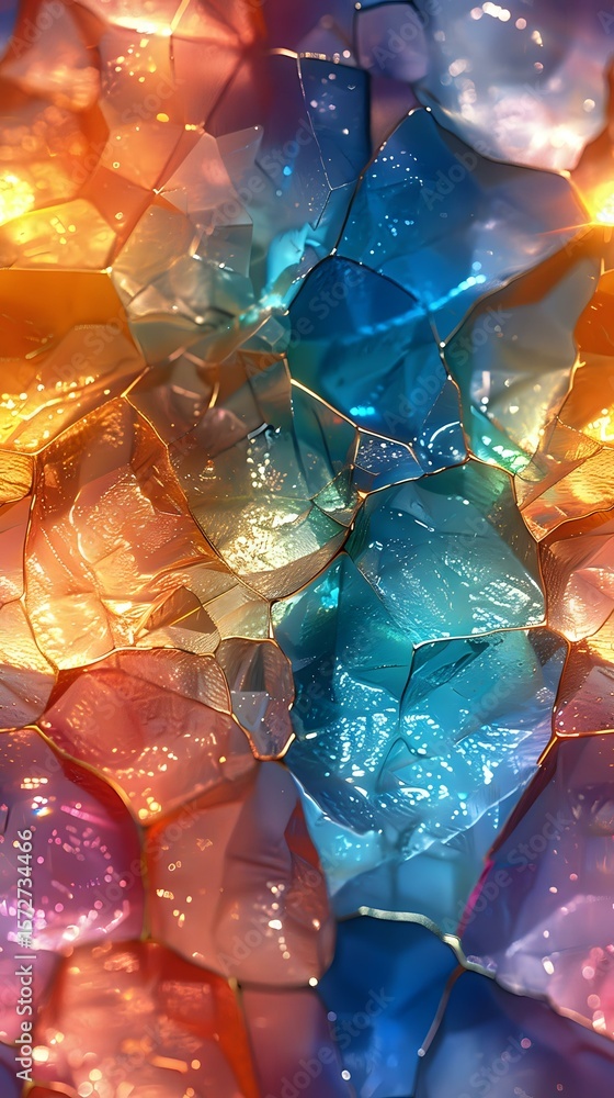 Poster abstract crystalline structure with orange and blue gradient colors, glowing fragments creating dyna