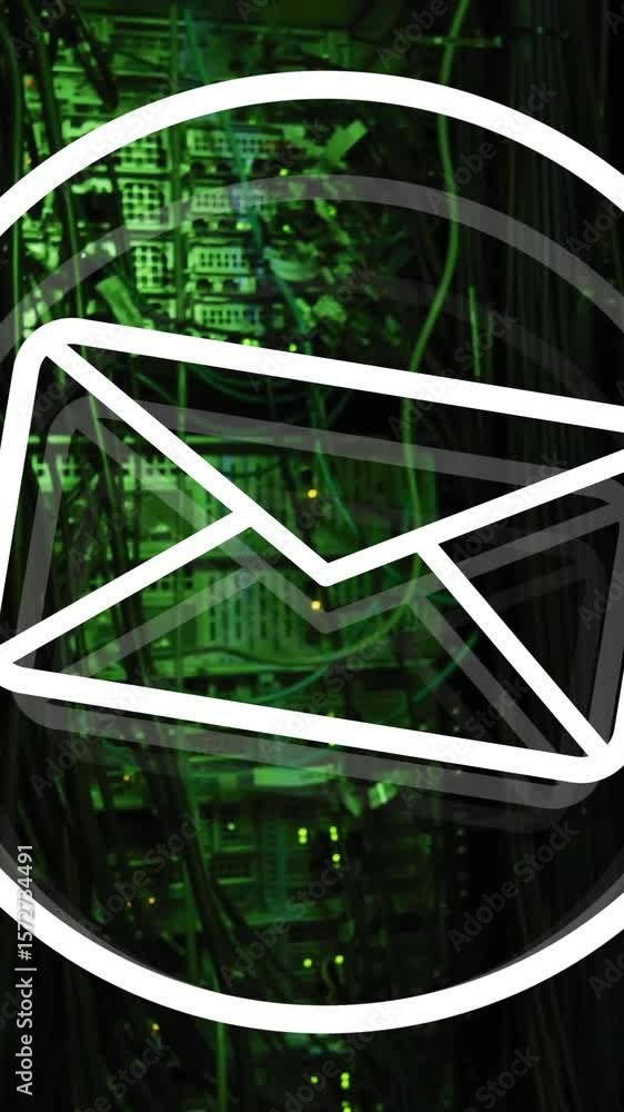 Poster animation of email icon and digital data processing over computer servers