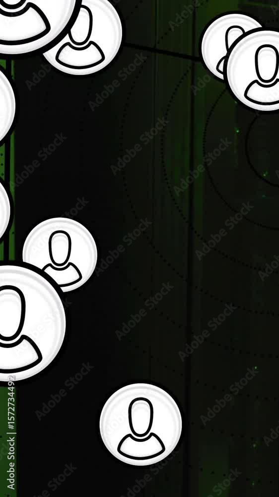 Poster animation of network of people icons and digital data processing over computer servers