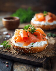 bagel with cream cheese and smoked salmon, gourmet breakfast