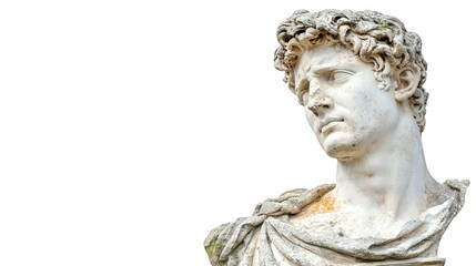 Fototapeta premium Classical marble sculpture head and shoulders against white background, featuring detailed curly hair and draped toga, showcasing Renaissance art and ancient Roman craftsmanship.