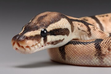 Obraz premium Close-up of a ball python showcasing its unique coloration and patterns on a neutral background