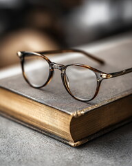 pair of reading glasses folded on hardcover book, elegant detail