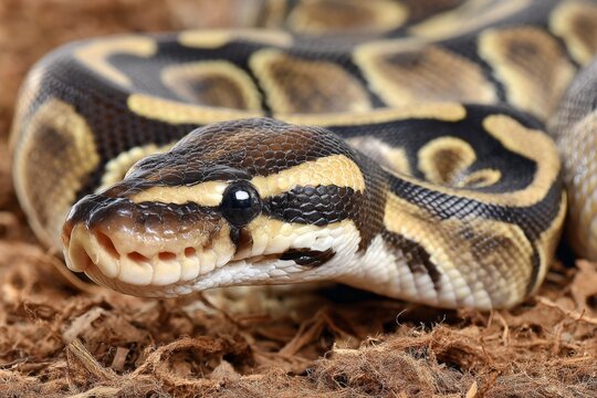 Beautiful ball python resting on a bed of substrate in a serene habitat under soft lighting