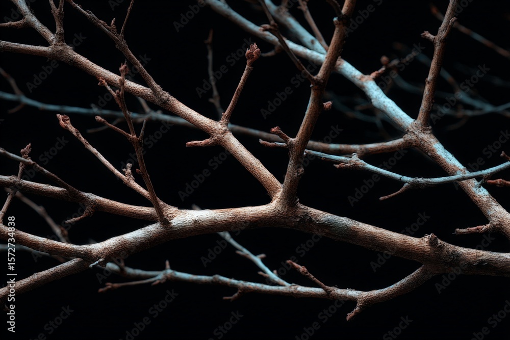 Poster close-up of dry tree branches with intricate patterns against a dark background creating a striking 