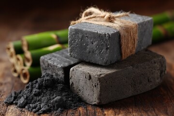 Fototapeta premium Natural charcoal bars and powder with green bamboo on wooden surface in a rustic setting
