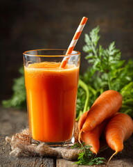 glass of fresh carrot juice with straw, healthy living concept