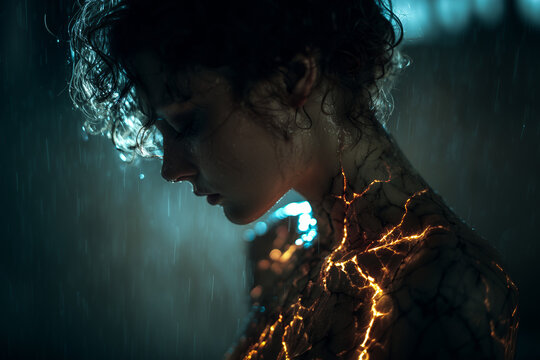 Humain lumineux en m&eacute;tamorphose pluvieuse