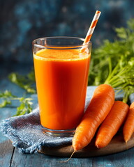 glass of fresh carrot juice with straw, healthy living concept