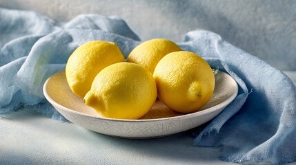 A bowl of lemons on cracked white ceramic plate, top right, pale blue linen background