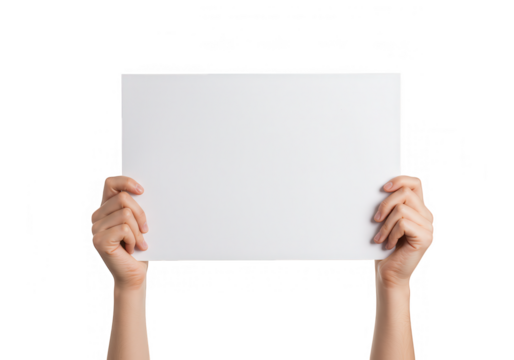 A pair of hands holding a blank white paper sheet against a clean transparent background