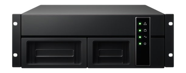 Rack-mounted UPS with front panel LED indicators and hot-swappable battery trays