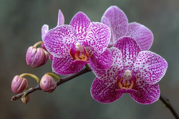 Obraz premium Beautiful pink and white orchids blooming on a branch in a garden during daylight