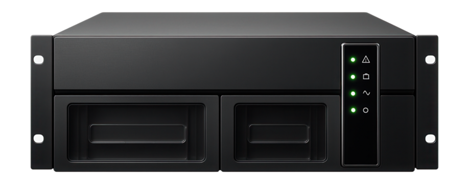 Rack-mounted UPS with front panel LED indicators and hot-swappable battery trays