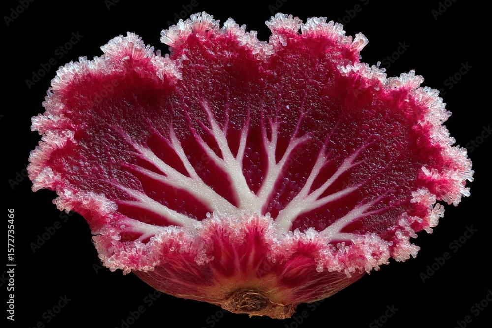 Poster vibrant red and white flower with intricate details captured against a dark background in close-up v