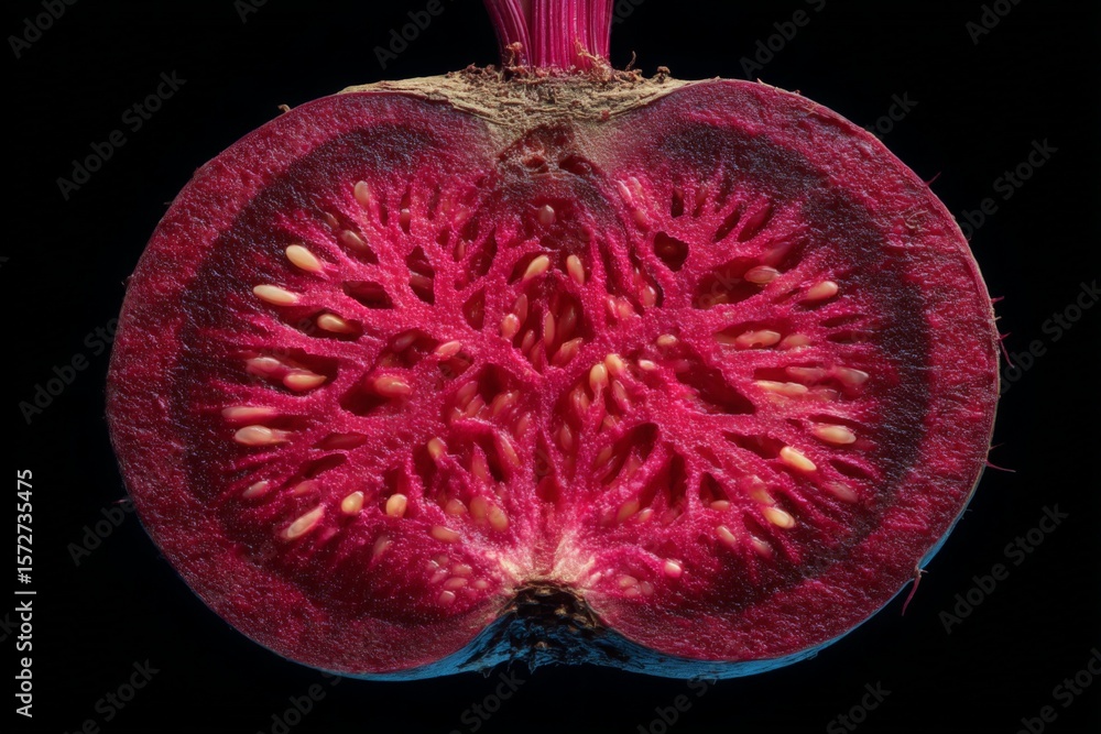 Poster unique cross-section of vibrant fruit with intricate seed patterns against a dark background