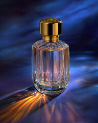 elegant glass perfume bottle with gold cap, luxury product shot