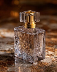 elegant glass perfume bottle with gold cap, luxury product shot