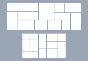 Picture frame with photo layout and mosaic template for collage or moodboard. Background board or album for diary, flyer, or horizontal comic panel. Works well for storyboard or cartoon page.