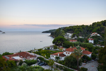 Pastel sunset over the horizon of the mediterranean sea from Skiathos Island, Greece. Lush trees...