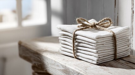 A stack of linen napkins tied with twine, on a whitewashed bench