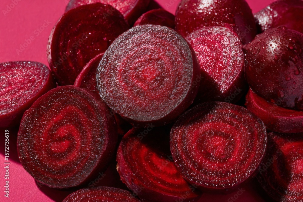 Poster Freshly sliced beets arranged on a vibrant pink background creating a colorful and appetizing display